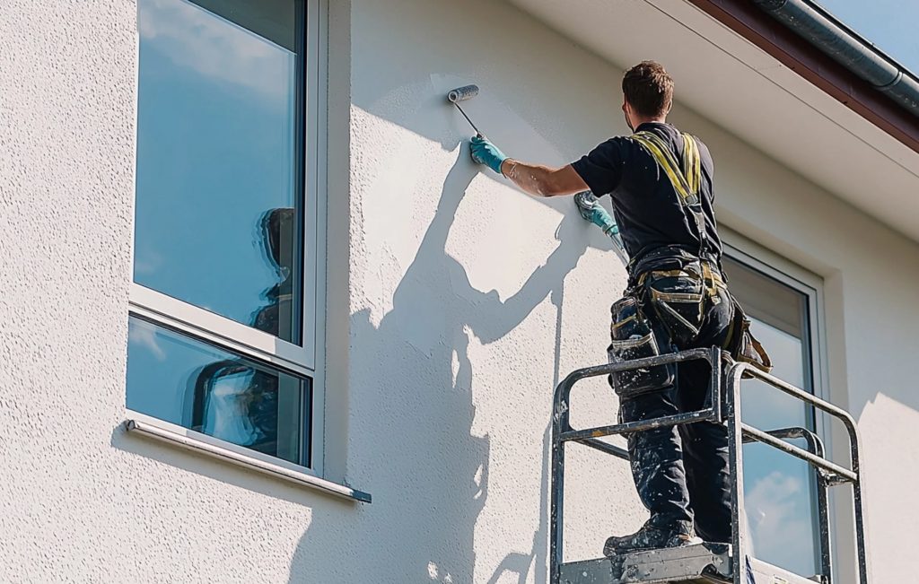 Façadier repeignant la façade d'une maison blanche.